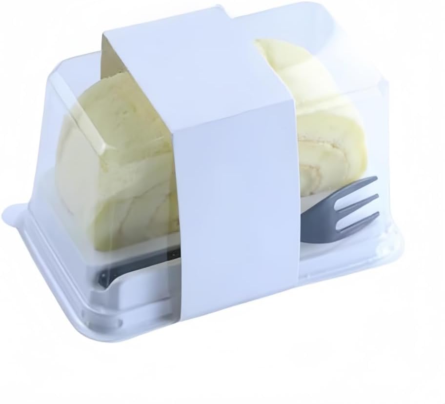 50 Sets Roll Cake Box with Stickers and Forks Swiss Roll Plastic Containers Single Personal Swiss Roll Container for Cakes Cookies Pastries Dessert Display