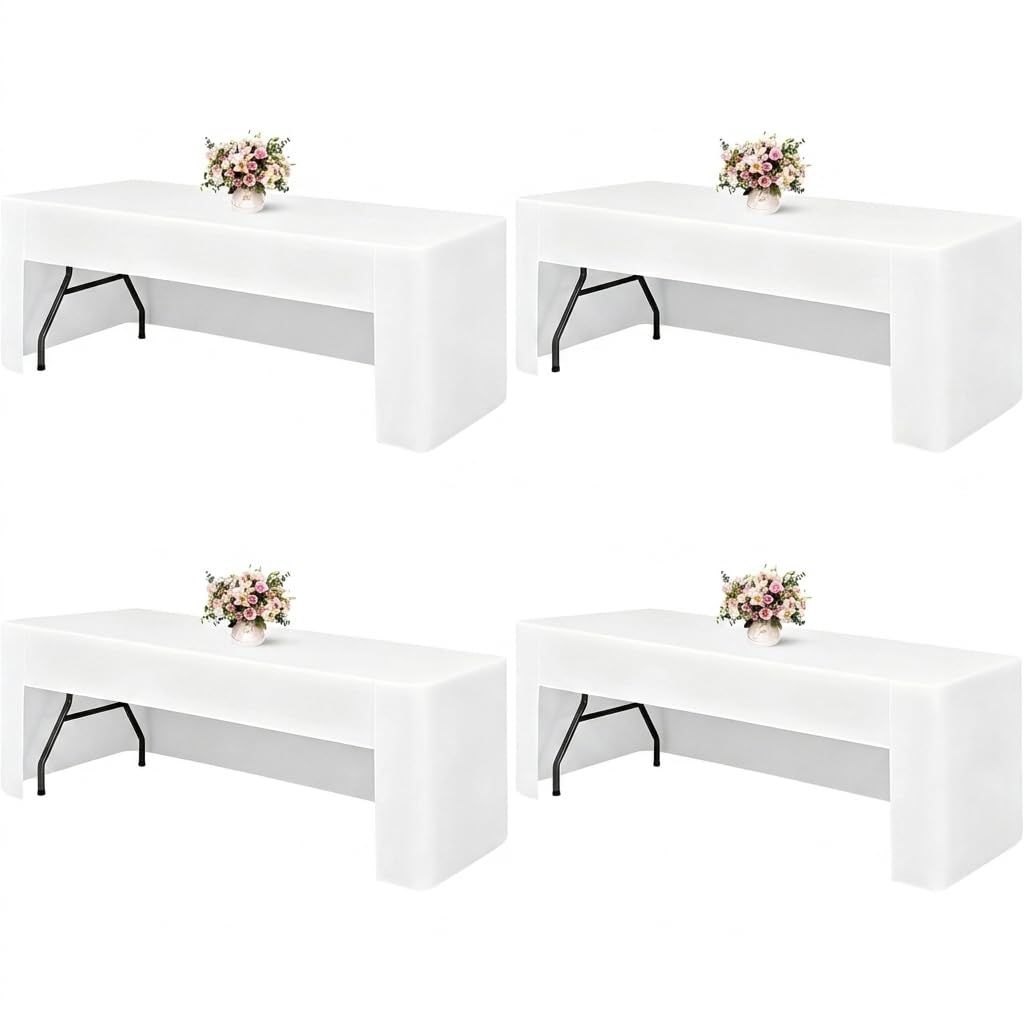 Teruntrue Paquete de 4 manteles ajustables para mesas rectangulares de 1,8 m, tela lavable, para ferias, ferias, fiestas, bodas, eventos, color blanco