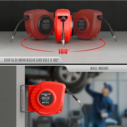 Hancaner Carrete de Manguera Neumática,15 m + 1,5 m Enrollador De Manguera De Aire Comprimido Carrete Automático, Conector de 1/4",Máx. 350 PSI/24 Bar,Soporte Giratorio de 180°,Tope Final Ajustable