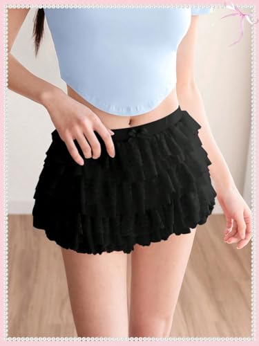 Image of Women Y2K Lace Multi-Layered Bloomers Lolita Ruffle Shorts Cute Mini Skirt | Tiered layers, elastic waist, pumpkin pants, for rave party /country concert /festival