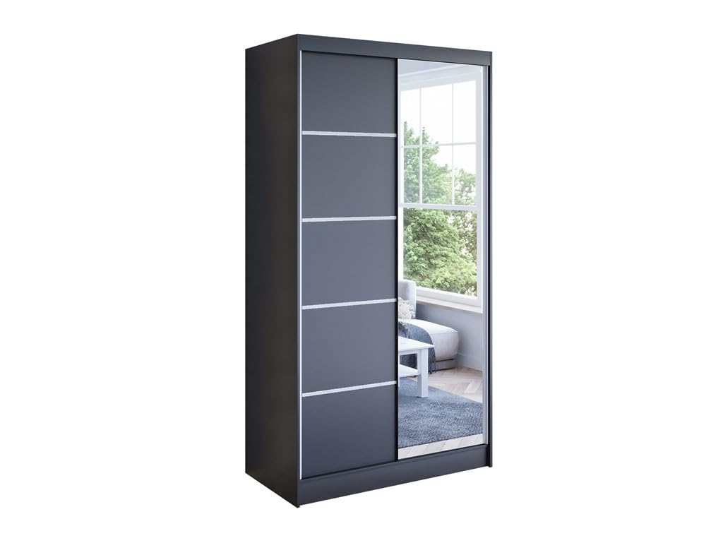 N3 100 cm Black Sliding Doors Wardrobe 100 x 200 x 58 cm with Mirror - Bedroom Furniture, Storage - Multi-Purpose Cabinet