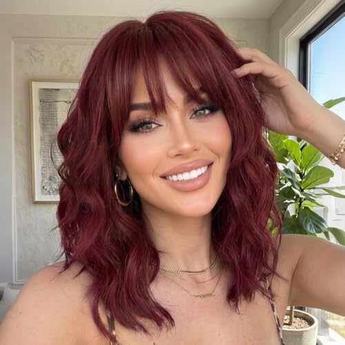 Image of AISI HAIR Purplish Red Synthetic Wavy Curly Bob Wig with Bangs Short Wavy Hair for Women Synthetic Heat Resistant Bob Wigs