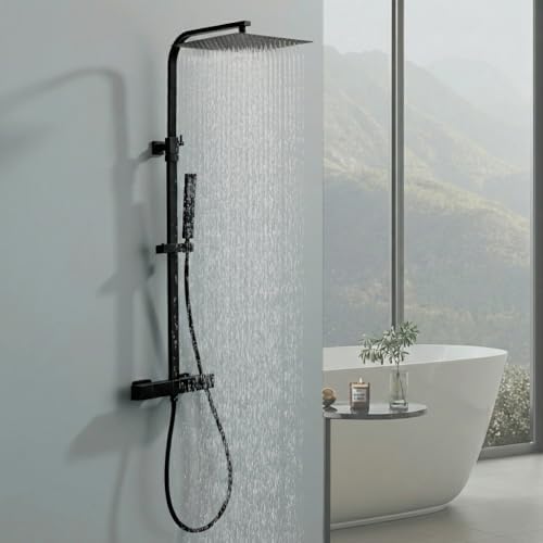 HOMELODY Duscharmatur Komplettset Schwarz Matt, 30X30cm Edelstahl Duschset | Duschsystem mit Thermostat Großer Duschkopf - Duschgarnitur mit Regendusche, Höhenverstellbarer Duschse