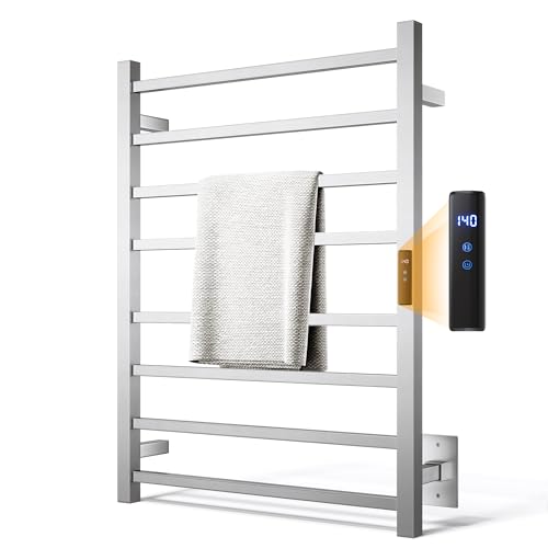 AquivaCoast Towel Warmer Rack, Heated Towel Racks for Bathroom, Wall Mounted Towel Warmer, Stainless Steel 8-Bars Drying Rack with Intelligent Touch Screen Timer, Brushed Nickel