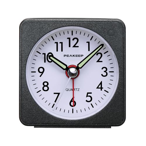 Peakeep Ultra Small, Battery Travel Alarm Clock with Snooze and Light, Silent with No Ticking Analog Quartz (Black)