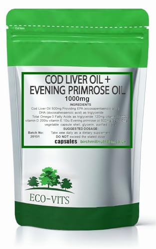 Cod Liver Oil and Evening Primrose Oil 1000mg 60 Capsules, Omega-3 + GLA for Skin, Hormonal Balance & Immune Support – High Strength