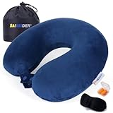 SAIREIDER Travel Pillow 100% Memory Foam Soft Supportive Airplanes Neck Pillows Navy Blue with Sleep Mask and Earplugs