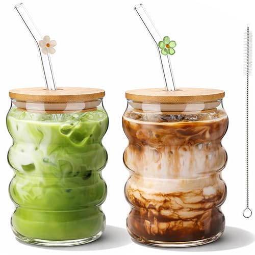 Tel Charme * 2 Pack 480ml Iced Coffee Glass Cups with Lids and Straws Reusable Matcha Glass Cups for Smoothies Juice Beer & Cold Drinks
