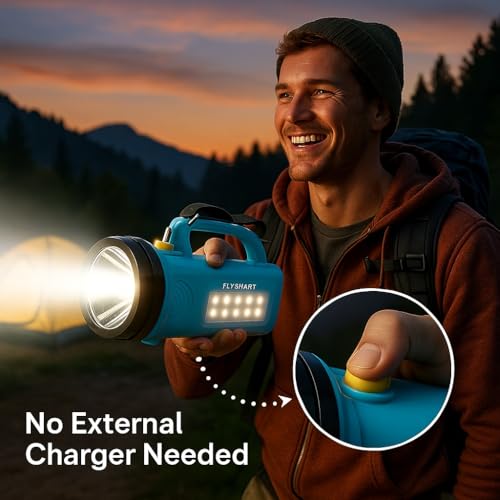 Image of Flysmart Bullet Dau Long Range LED Searchlight, Heavy Duty Emergency Torch with Powerful Focus Beam, Front Spotlight + Side LED Light, Free Flora AA Torch