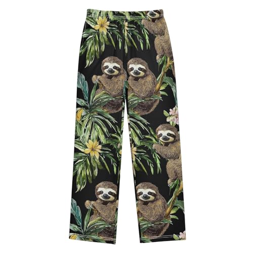 ZZXXB Sloth Tropical Leaves Boys Long Pants Soft Trousers Elastic Waist Kids Lounge Bottoms with Pockets S-XL