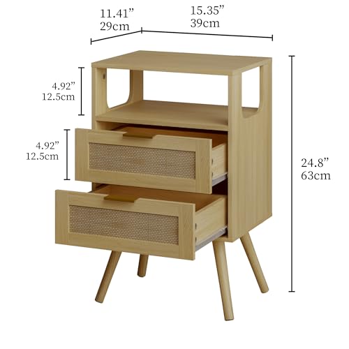 Image of JOONEE Rattan Nightstand,Farmhouse Bedside Table with 2 Storage Drawer and Open Wood Shelf, for Bedroom and Small Spaces,Night Stand with Solid Wood Legs (Yellow Oak)