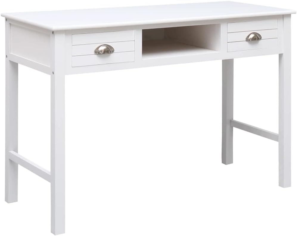 Wooden Writing Computer Desk with 2 Drawers and 1 Open Compartment,Home Office Desk Writing Study Table for Bedroom,Console Table for Living Room,White Slatted Pattern 43.3"x17.7"x29.9"