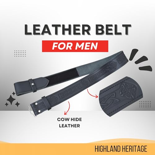 Kilt Belt and Buckle Set - Scottish Celtic Embossed Genuine Leather Belt Stag Head Buckle 4 Demo Pewter, Kilt Belts for Men4