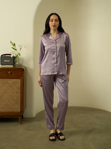 Image of STORIES OF BANNO'S SWAGGER Women Satin Solid Night Suit Set | Premium Soft Satin Nightwear Pajama Set | Stylish Comfortable Sleepwear for Ladies | Elegant Lounge Wear Night Dress