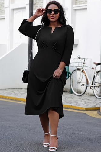 Nmoder Women's Plus Size Stretchy Flared Wrap Dress Casual Wedding Guest Midi Dresses V Neck 3/4 Sleeve A-Line Swing Dress4