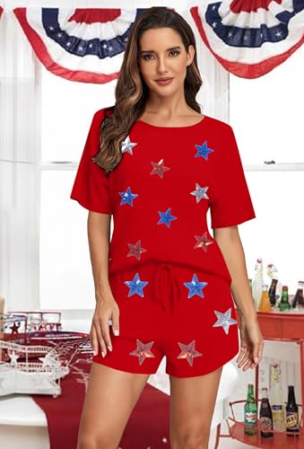 Image of VILOVE 4th of July 2 Piece Sequin Outfits Women 250 Anniversary Usa Shirts and Short Sets Casual Patriotic Shirt Summer Set
