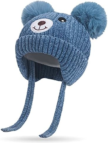 Cute Bear Kids Winter Hat with Ear Flaps 1-5 Years Dual Pom-Pom Chenille Knitted Warm Hat for Baby Girls Boys Fleece Lined Warm Earflap Cap with Strap Toddler Cold Weather Furry Warm Beanie Hat,Blue
