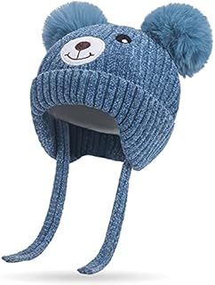 Cute Bear Kids Winter Hat with Ear Flaps 1-5 Years Dual Pom-Pom Chenille Knitted Warm Hat for Baby Girls Boys Fleece Lined Warm Earflap Cap with Strap Toddler Cold Weather Furry Warm Beanie Hat,Blue