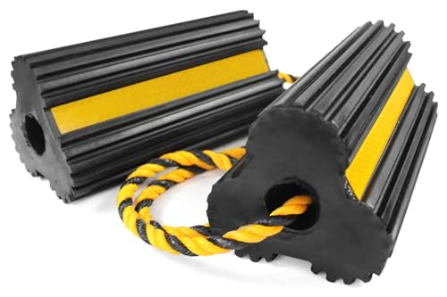 MAXXHAUL 51013 Solid Rubber Wheel Chock for Travel Trailers Camper RV Truck Car Sturdiness Heavy Duty Simple Easy to use Tires Chock Block Stopper with Nylon Rope Yellow Reflective Tape 2 Pack