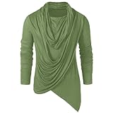 Mens Shirts Long Sleeve Vintage Draped Cowl Neck Asymmetric Hem Split T-Shirt Tops Blouse Pullover Jumper Sweatshirts (Green, L)