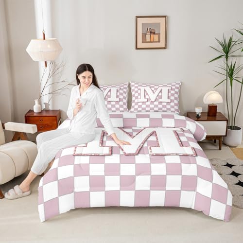 Image of Erosebridal Pink Initial M Bedding Set Queen Kawaii Plaid Checkered Comforter Set for Kids Girls Teen Women Cute Personalized Monogram Down Comforter,Fashion Grids Gingham Quilt Duvet