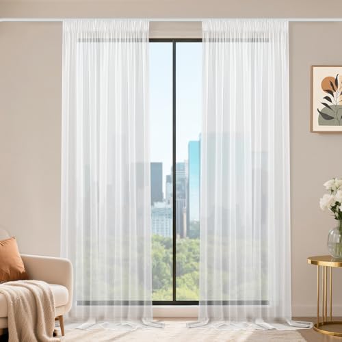 Runyéla Lot de 2 Rideau Voilage Fenetre Blanc 140x245 cm(LxH) avec Galon Fronceur, Transparent Moderne Rideaux et Draperies Décorations Intérieurs Cuisine...