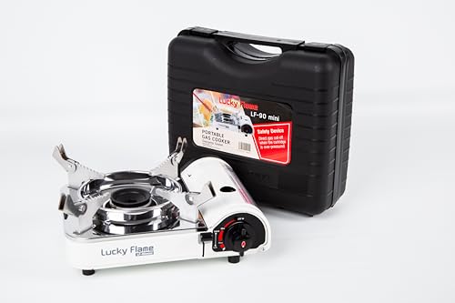 Nahaufnahme des Piezo-Zündknopfs am Gazcamp Lucky Flame LF-90mini Gaskocher - Detailansicht von Lucky Flame LF-90mini...