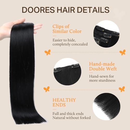 Image of DOORES Hair Extensions Real Human Hair, Jet Black 150g 9pcs 22 Inch, Real Hair Extensions Clip in Human Hair Thick Extensions Human Hair Natural Extensions for Women Clip in Silky Straight Hair