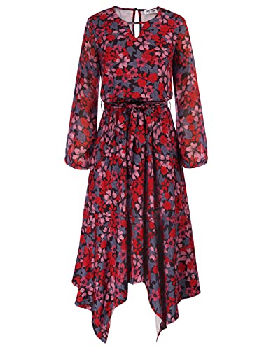 Kate Kasin Women Long Sleeve Bloomchic Dress Midi Floral Fall Flowy Asymmetrical Handkerchief Dress Red 2Xl #TOP6