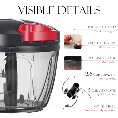Image of Ourokhome Manual Food Processor Vegetable Chopper, Portable Hand Pull String Garlic Mincer Onion Cutter for Veggies, Ginger, Fruits, Nuts, Herbs, etc., 650ml, Black