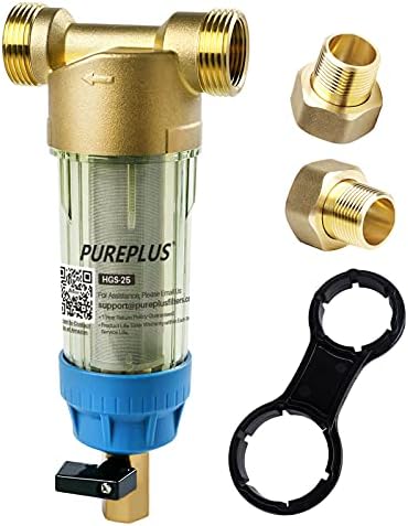 PUREPLUS 40 Micron Whole House Spin Down Sediment Water Filter With Scrapper, Reusable Flushable Pre-Filtration System for City/Tap water, 1" MNPT + 3/4" FNPT + 3/4"MNPT, Brass, BPA Free, USA Tech