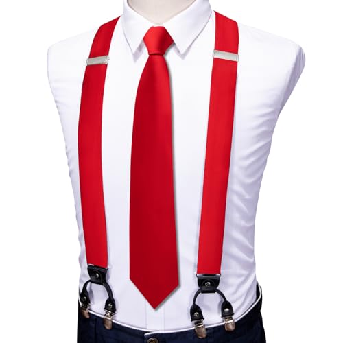 Image of Barry.Wang Men Suspender Set with Necktie Elastic Y Type Heavy Duty 6 Clips Braces Tie Handkerchief Cufflink Pin 6PCS