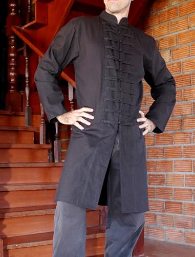Image of Chinese Collar Mens Long Naval Jacket Many Button Tai Chi Cotton