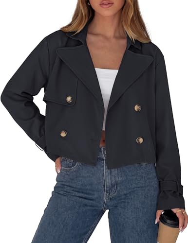 Image of PRETTYGARDEN Cropped Trench Coat For Women Short Jacket,Navy Blue,L