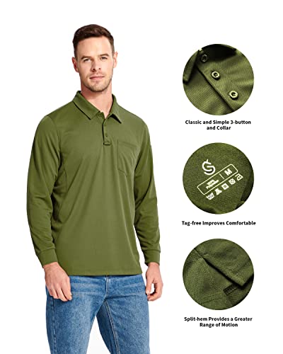 Iseegz Men's Golf Polo Shirt, Long Sleeve Collared Pocket Tactical T-Shirts For Men Dry Fit Casual Work Sport - Army Green - Ls (L) #TOP4