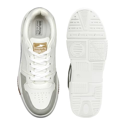 Image of BRUTON Men's HUSTLE-222 White Sneakers | Stylish Lace-Up Casual Shoes | Cushioned Comfort Sole | Lightweight Fashion Sneakers, College, Travel & Street Style