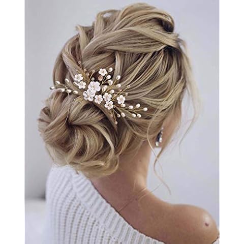 Edary Bridal Wedding Flower Hair Combs Gold Crystal Bridal Headpiece Pearl Hairclips Pink Bead Hair Accessories for Women and Girls (Gold) Cover