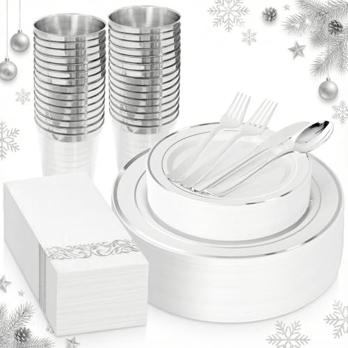 Supernal 200pcs Silver Plastic Dinnerware Sets for 25 Guests included Silver Silverware Set & Plastic Plates heavy duty Disposable Cups and Paper Napkins Disposable for Party Birthday and Wedding