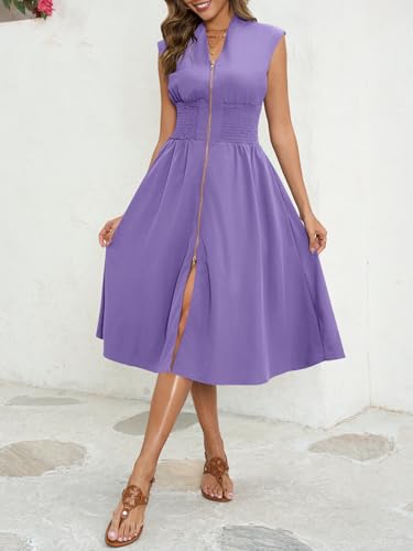 Image of Wenrine Womens Smocked Midi Dress Zipper V Neck Long Summer Dresses | zip front, empire waist, cap sleeve, flowy, a line, high slit, casual midi dress