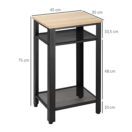 HOMCOM Mesa Auxiliar Mesita de Noche Estilo Industrial con 2 Estantes de Rejilla de Metal y Pies Ajustables para Salón Dormitorio 45x35x75 cm Roble y Negro - imagen 3