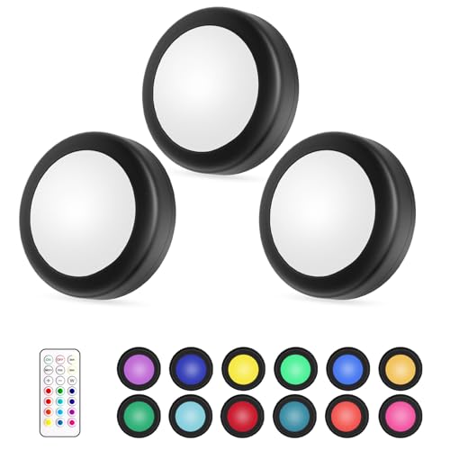 Image of Yiliaw LED Puck Lights with Remote Control, AA Battery Operated, 12 Color Closet Under Cabinet Lighting, Push Tap Light, Under Counter for Kitchen, 3 Pack, Black-Magnetic
