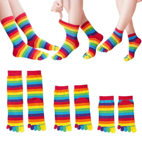 3 Pairs Cotton Five Finger Socks Rainbow Stripe Toe Socks Athletic Casual Ankle Crew Calf High Split Socks for Women Girls