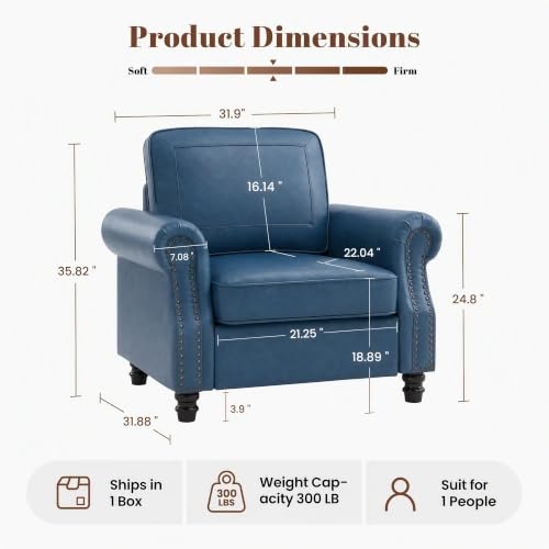 Image of Kingfun Faux Leather Accent Chair with Rolled Arms,Royal Blue