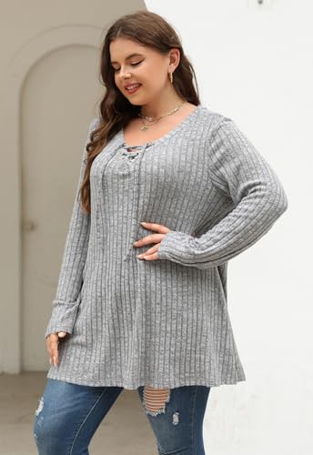 Image of Nemidor Women Plus Size Casual Tunic Top Drawstring V Neck Long Sleeve | 1X-5X plus, ribbed knit, long sweater, solid, semi-fitted flattering cut for curvy women, Fall, Winter, work, daily, dinner