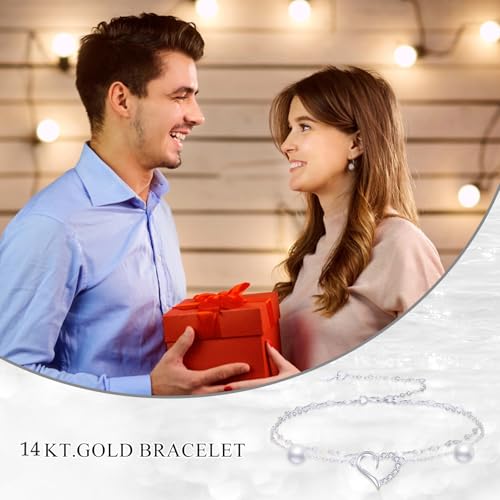 Image of SISGEM Real 14k Gold Natural Diamond Heart Layered Anklet for Women, Love Ankle Bracelets Gifts for Her, 9+1+1 Inches