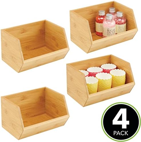 mDesign Stackable Storage Boxes  Multi-Purpose Wooden Storage Boxes for Kitchen Cupboard, Shelf and Surfaces  Open-Top Kitchen Storage Unit Made of Bamboo  Set of 4  Natural