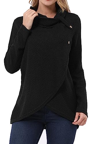 KILIG Womens Cowl Neck Lightweight Sweaters Long Sleeve Asymmetric Waffle Wrap Button Pullover Sweater(Black,L)