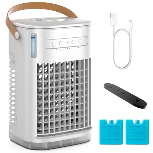 Mini Portable Air Conditioners w/Remote, USB Charging Powered, 1200ML Water Tank, 2 Ice Boxes & 2 Sprays, 7H Smart Timer, Evaporative Air Cooler With 3Speeds, Desktop Fan For HomeOutdoors