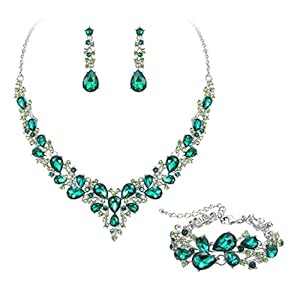 Ever Faith Wedding Bridal Jewellery Sets for Women, Sparkly Rhinestone Crystal Floral Teardrop Cluster Statement Necklace Dangle Drop Earrings Bracelet Set 3 Pcs Costume Jewelry for Prom Cocktail