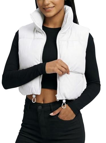 fuinloth Damen Weste Kurz Stehkragen Steppweste Warm Winter Crop Puffer Weste mit Reißverschluss Ärmellose Übergangsweste Weiß M